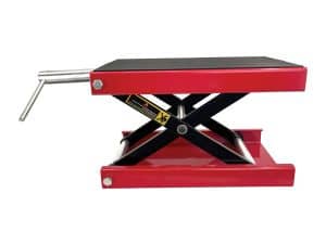 Heavy-duty motorcycle lift table for Revelry Motorcycles workshops, durable steel construction.