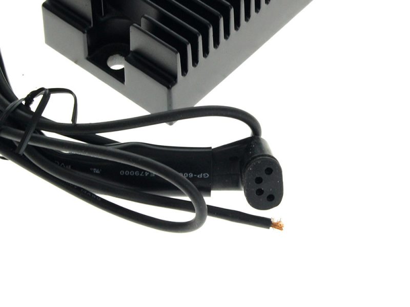 Charge controller with black cables and power plug for motorcycle battery management.
