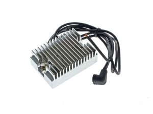 High-performance motorcycle voltage regulator with cooling fins and wiring for Revelry Motorcycles in AU.