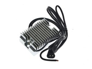 High-performance motorcycle voltage regulator with cooling fins for Revelry Motorcycles.