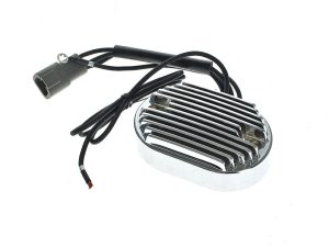 Chromed motorcycle voltage regulator with wiring harness for Harley Davidson bikes.