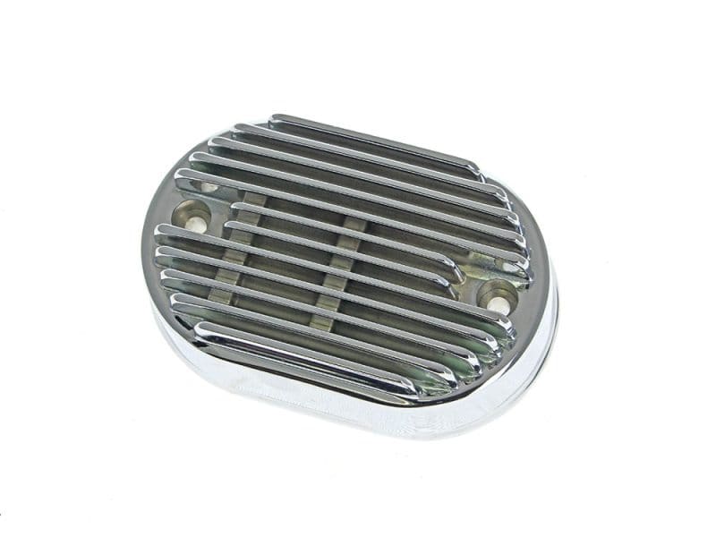 Polished metal motorcycle vent cover for Revelry Motorcycles, durable and stylish.