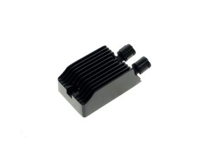 High-performance motorcycle voltage regulator, black aluminium heatsink for Revelry Motorcycles.