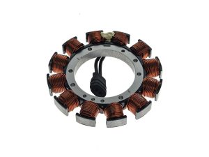 High-performance motorcycle stator coil assembly for custom Revelry Motorcycles builds.