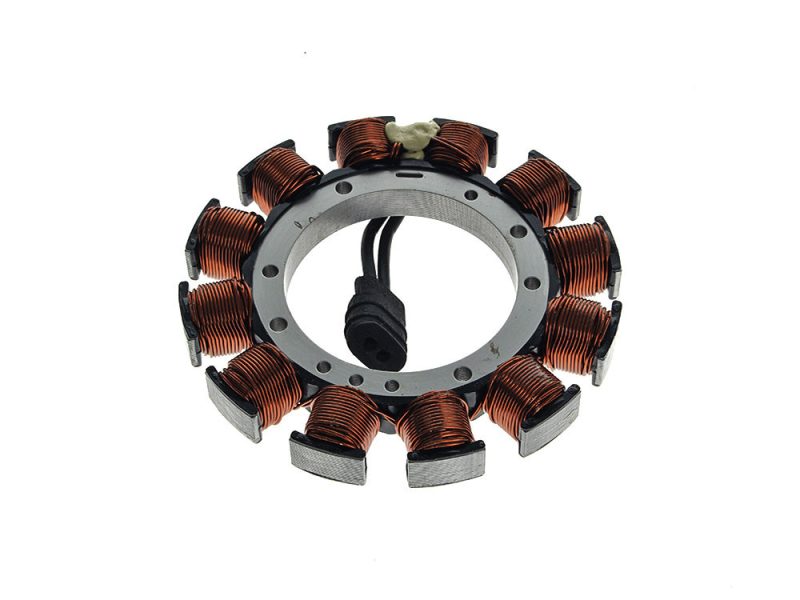 High-performance motorcycle stator coil assembly for custom Revelry Motorcycles builds.