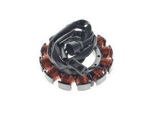 High-performance motorcycle stator with copper windings and wiring for Revelry Motorcycles.