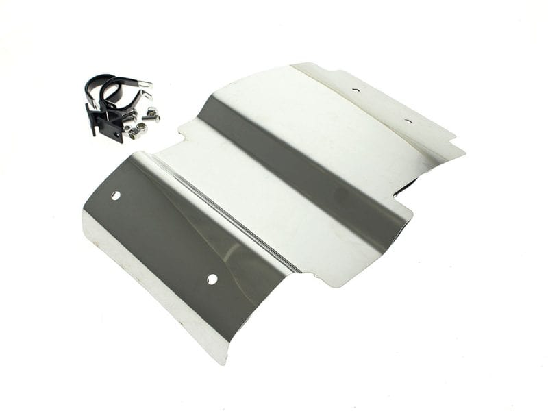 Aluminium motorcycle skid plate for Revelry motorcycles, with mounting hardware included.