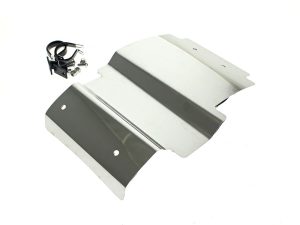 Aluminium motorcycle skid plate with mounting hardware for Revelry Motorcycles.