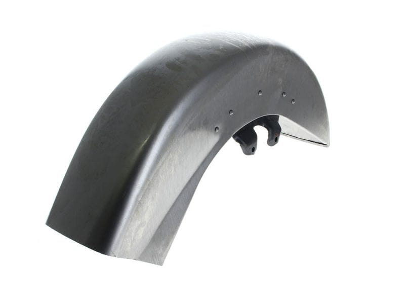 Aluminium motorcycle fender with mounting brackets for custom bikes.