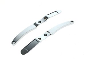 Polished chrome motorcycle footpeg brackets for Revelry Motorcycles.