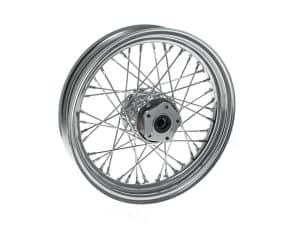 Shiny chrome motorcycle wheel with spoked rim for classic Revelry Motorcycles.