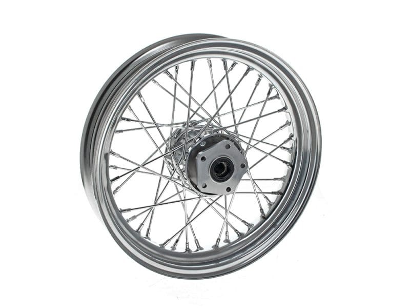 Shiny chrome motorcycle wheel with spoked rim for classic Revelry Motorcycles.