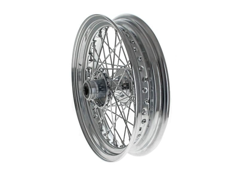 Aluminium motorcycle wheel with spoked rim for Harley Davidson bikes.
