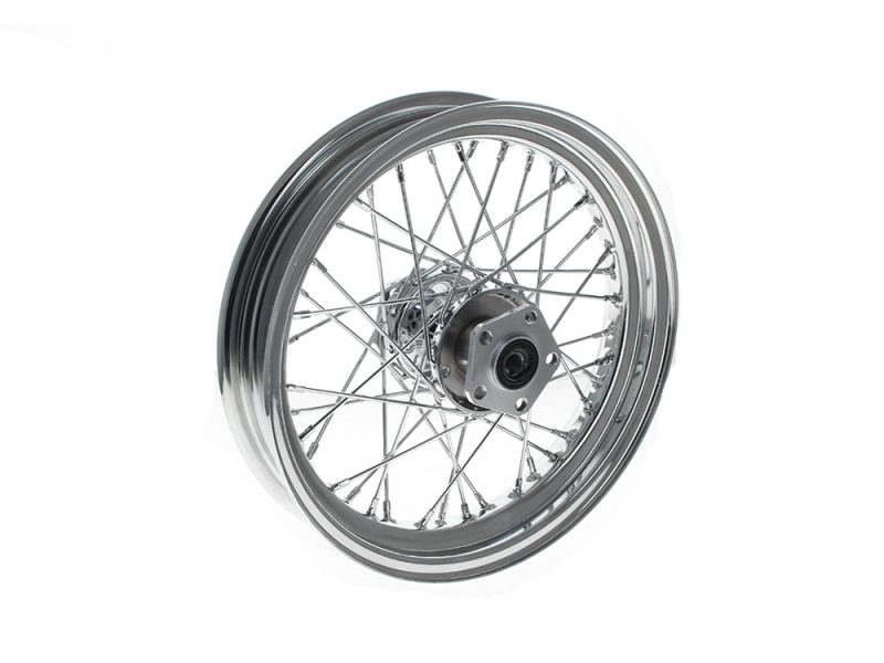 16in. x 3.0in. Rear 40 Spoke Cross Laced Wheel - Chrome. Fits Softail 1986-1999 Vintage motorcycle spoked wheel for custom cafe racer bikes.