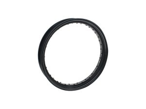 Stylish black motorcycle rim for custom Revelry Motorcycles builds.