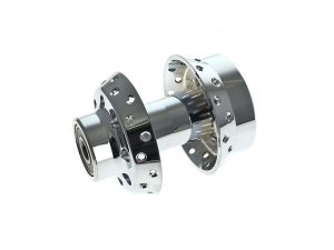 Lightweight chrome motorcycle hub for custom Rebelry Motorcycles builds Australian bikewear enthusiasts.