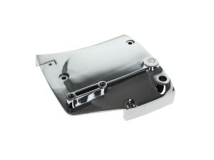 Polished motorcycle engine cover for durability and style.