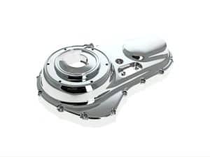 High-performance motorcycle engine part chrome cover for custom Harley Davidson bikes.