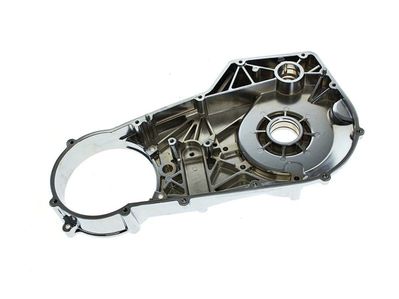 Aluminium motorcycle engine cover with precision machining for Harley Davidson bikes.