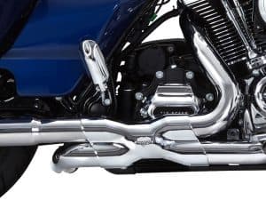 Sleek chrome motorcycle engine and exhaust system for Harley Davidson bikes.