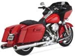 Harley-Davidson touring motorcycle with red saddlebags and front fairing, ideal for long rides and touring.