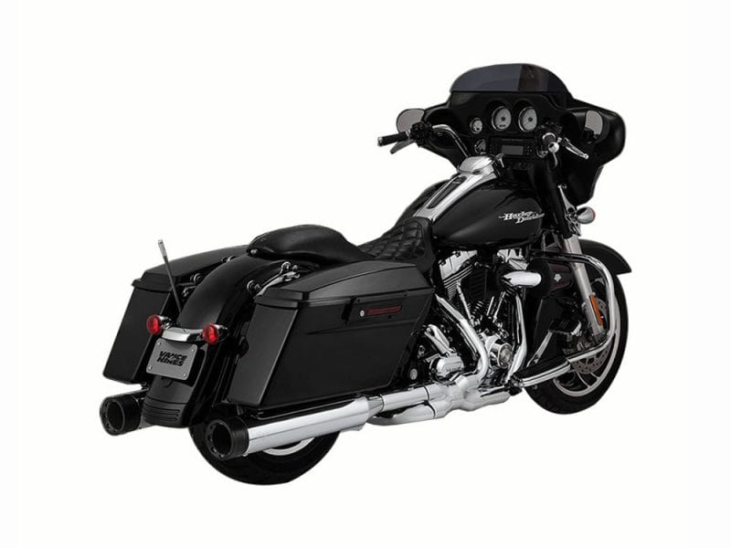 4.5in. OverSized 450 Destroyer Slip-On Mufflers - Chrome with Black End Caps. Fits Touring 1995-2016 & Trike 2017-2020 Vance & Hines Harley Davidson touring motorcycle with custom exhaust system.