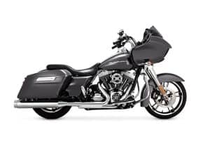 Harley-Davidson touring motorcycle with sleek black body and touring accessories.
