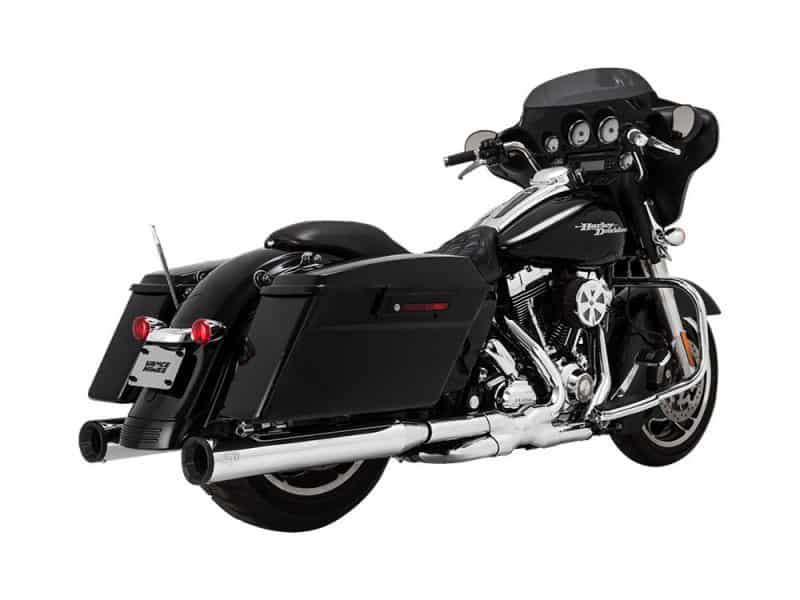 4in. Eliminator 400 Slip-On Mufflers - Chrome with Black End Caps. Fits Touring 1995-2016 & Trike 2017-2020. High-quality Harley-Davidson touring motorcycle with saddlebags and advanced dashboard.