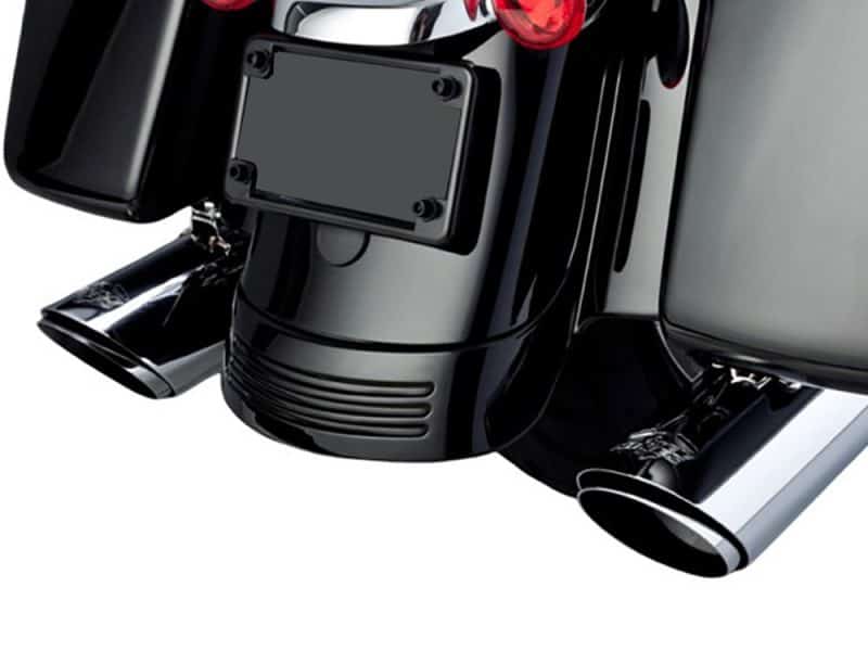 High-performance black motorcycle exhaust pipes and rear design from Revelry Motorcycles.