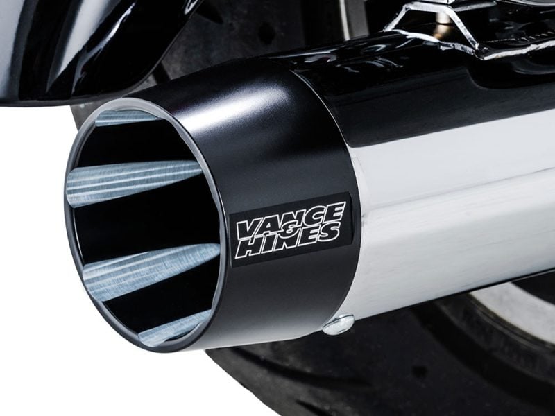 Sleek Vance & Hines motorcycle exhaust pipe for custom Harley Davidson bikes.