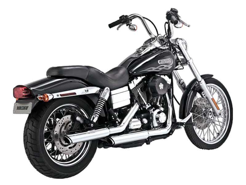 3in. Twin Slash Slip-On Mufflers - Chrome. Fits Dyna 1995-2017 Harley Davidson cruiser motorcycle for sale, black with flames design, chrome accents, classic cruiser style.