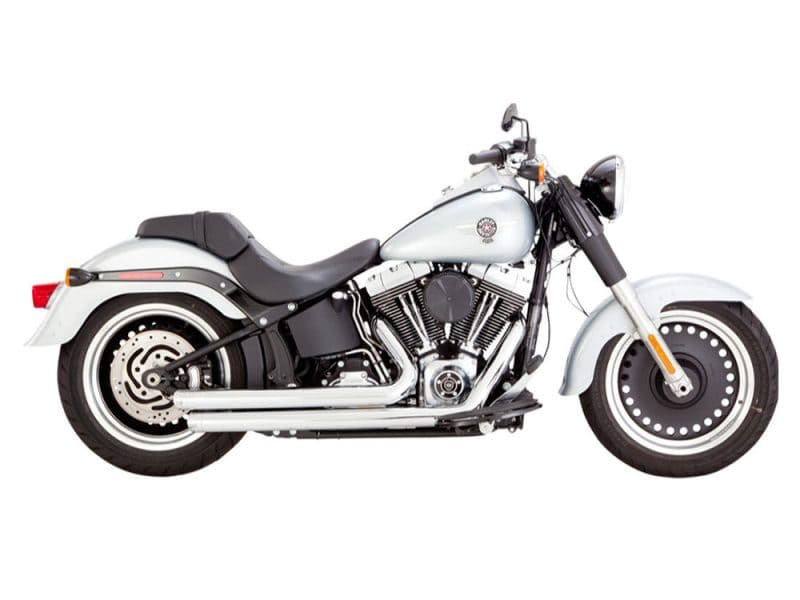 Big Shots Staggered Exhaust - Chrome. Fits Softail 1986-2017 Non-240 Tyre Models Sportster-style motorcycle with cruiser design, black and chrome details, perfect for Harley-Davidson enthusiasts.