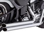 Exhaust system of a custom Revelry Motorcycles cruiser in sleek chrome finish.