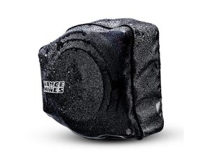 Water-resistant black motorcycle saddlebag with water droplets, durable design for Revelry Motorcycles.