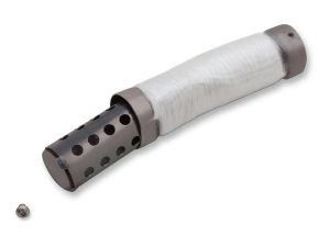 Rubber motorcycle exhaust silencer with perforated metal end cap for Harley Davidson bikes.