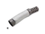 Heavy-duty motorcycle exhaust muffler with perforated outlet, durable stainless steel construction.