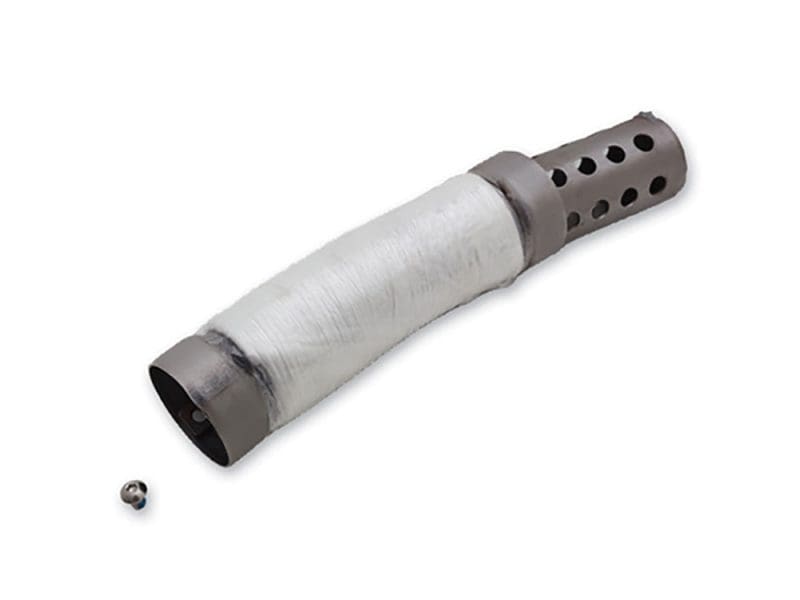 Heavy-duty motorcycle exhaust muffler with perforated outlet, durable stainless steel construction.