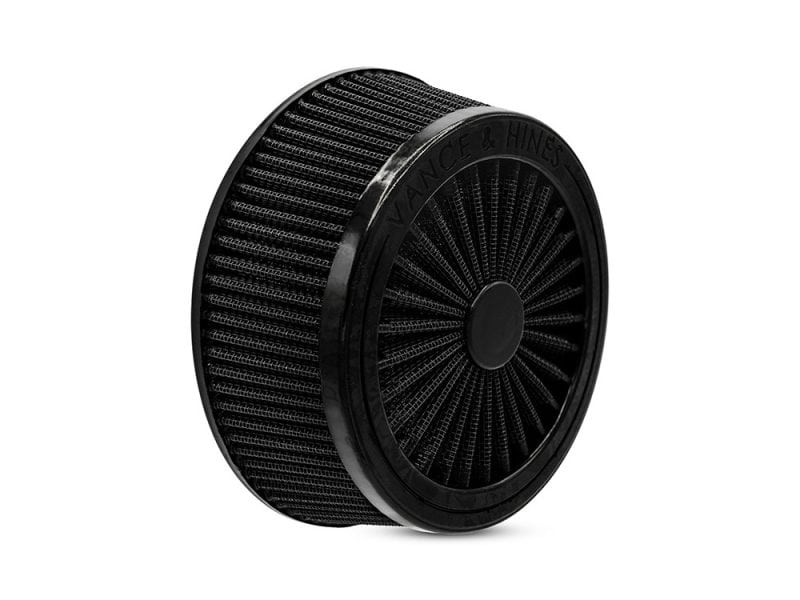 Black motorcycle air filter for Revelry Motorcycles, high-performance bike accessories.