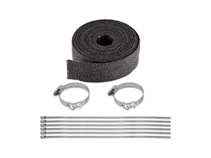 Black Heat Wrap. 2in. Wide x 25 Foot Roll with Locking Ties. Black nylon cable management strap with metal zip ties and clamps for motorcycle wiring.
