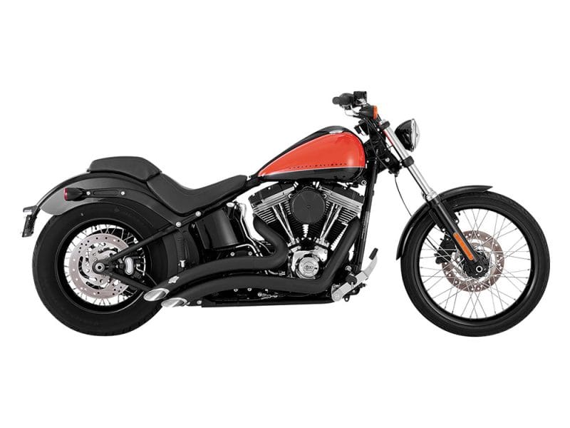 Harley-Davidson cruiser motorcycle with black and orange paint scheme, modern design.