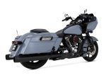 V-twin cruiser motorcycle with custom grey paint and hard saddlebags.