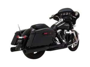 Black Harley-Davidson touring motorcycle with saddlebags and chrome accents.