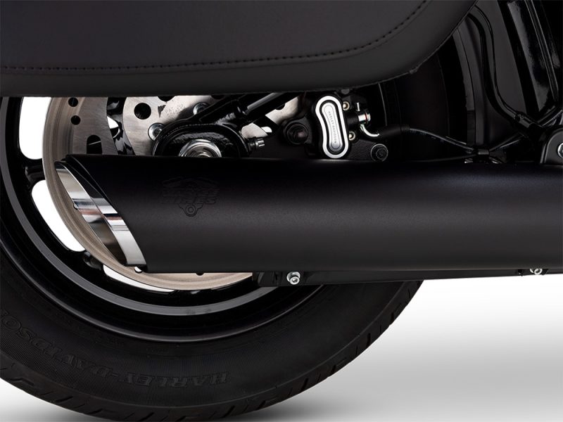 High-performance motorcycle exhaust system with rivet and black finish.