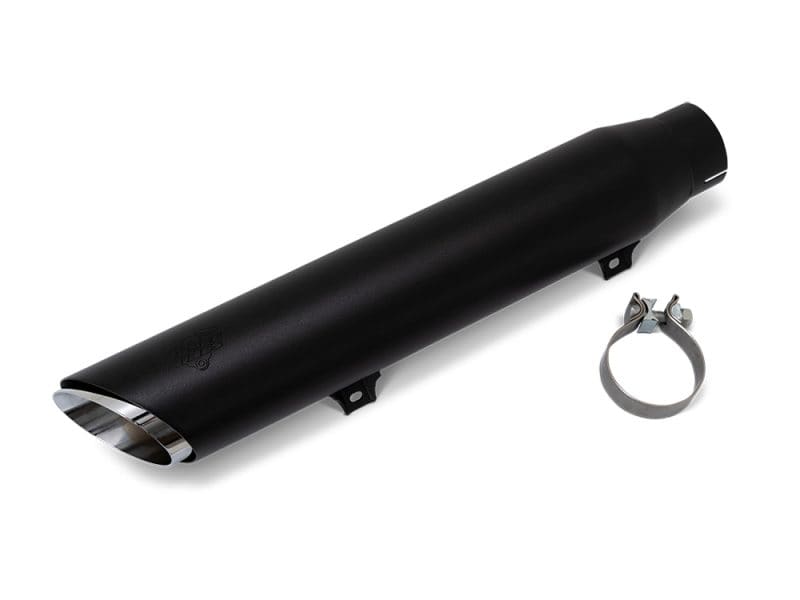 Black motorcycle exhaust pipe with clamp for Revelry Motorcycles.