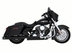 Harley Davidson touring motorcycle with black finish and saddle bags for sale.