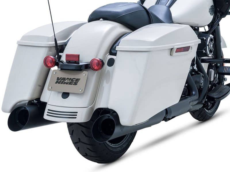 High-quality image of a Vance Hines-equipped cruiser motorcycle with side saddlebags.
