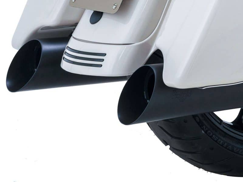 Revelry Motorcycles exhaust system close-up, showcasing sleek design and quality craftsmanship.