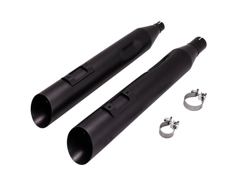 High-quality black motorcycle exhaust silencers with mounting brackets for Revelry Motorcycles Australia.