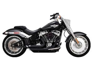 Motorcycle with black and silver design, large front wheel, and classic cruiser style.