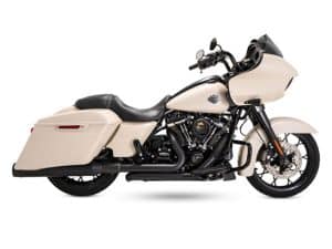 Custom Harley-Davidson touring motorcycle with sleek cream fairings, black accents, and storage saddlebags.
